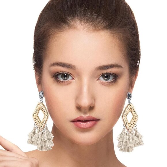 2 Pairs Rattan Tassel for Women Bohemian Woven Summer Beach Jewelry GiftsBlack a - Picture 7 of 7